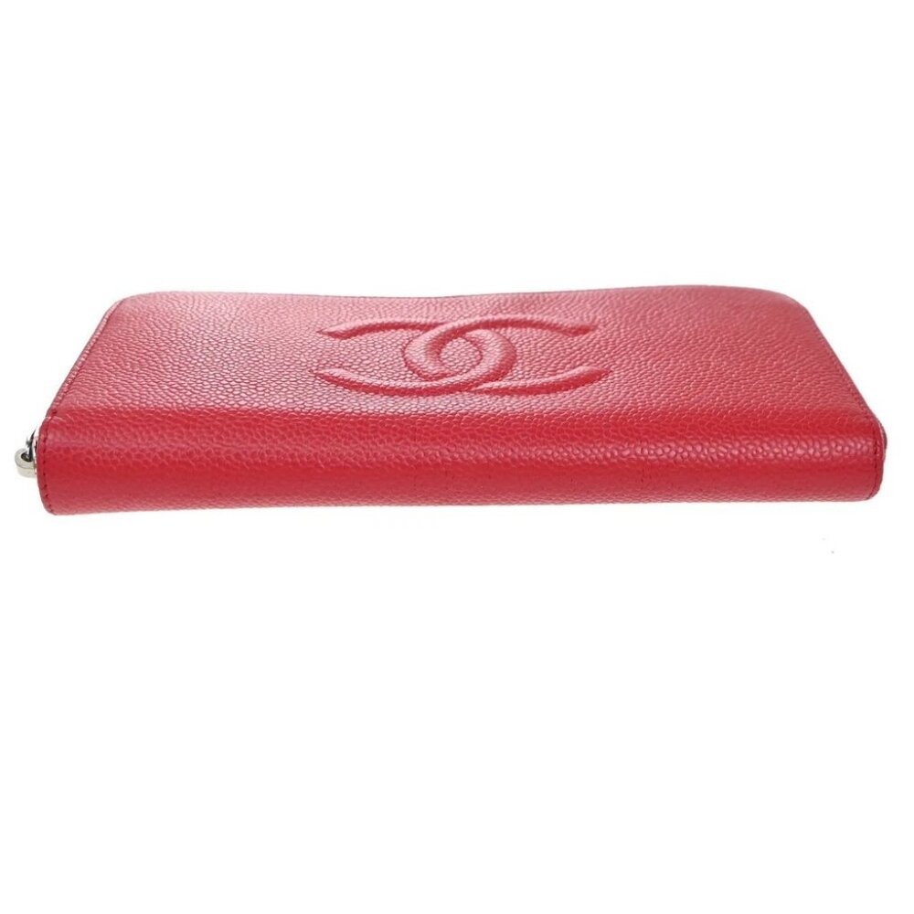 CHANEL CC Logo Zip Around Long Wallet Grained Calfskin Leather Red - Picture 6 of 14